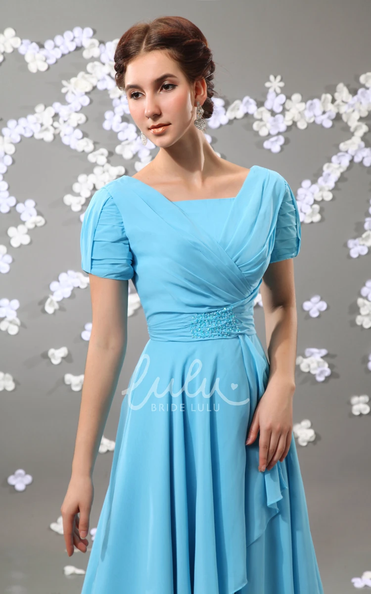 Pleated Square-Neck Formal Guest Dress with Chiffon Fabric