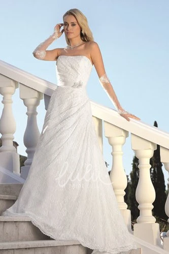 Lace A-Line Strapless Wedding Dress with Draping and Brooch