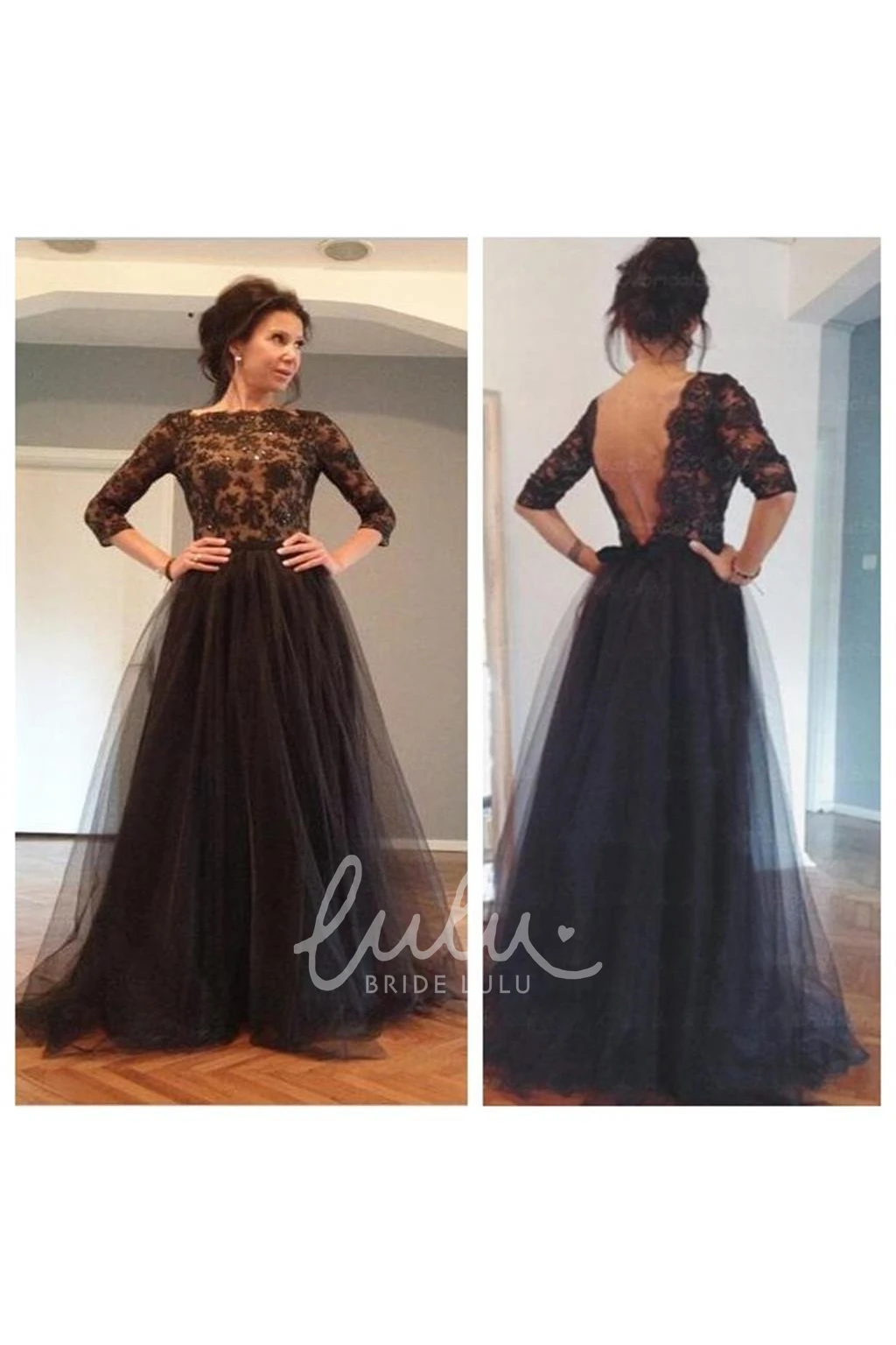 Tulle A-Line Dress with Illusion Long Sleeves Floor-length