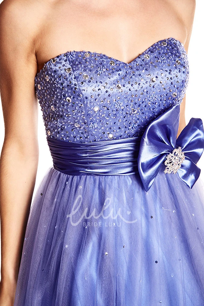 Sequined A-Line Sweetheart Prom Dress Sleeveless Long Tulle & Satin Bow Women
