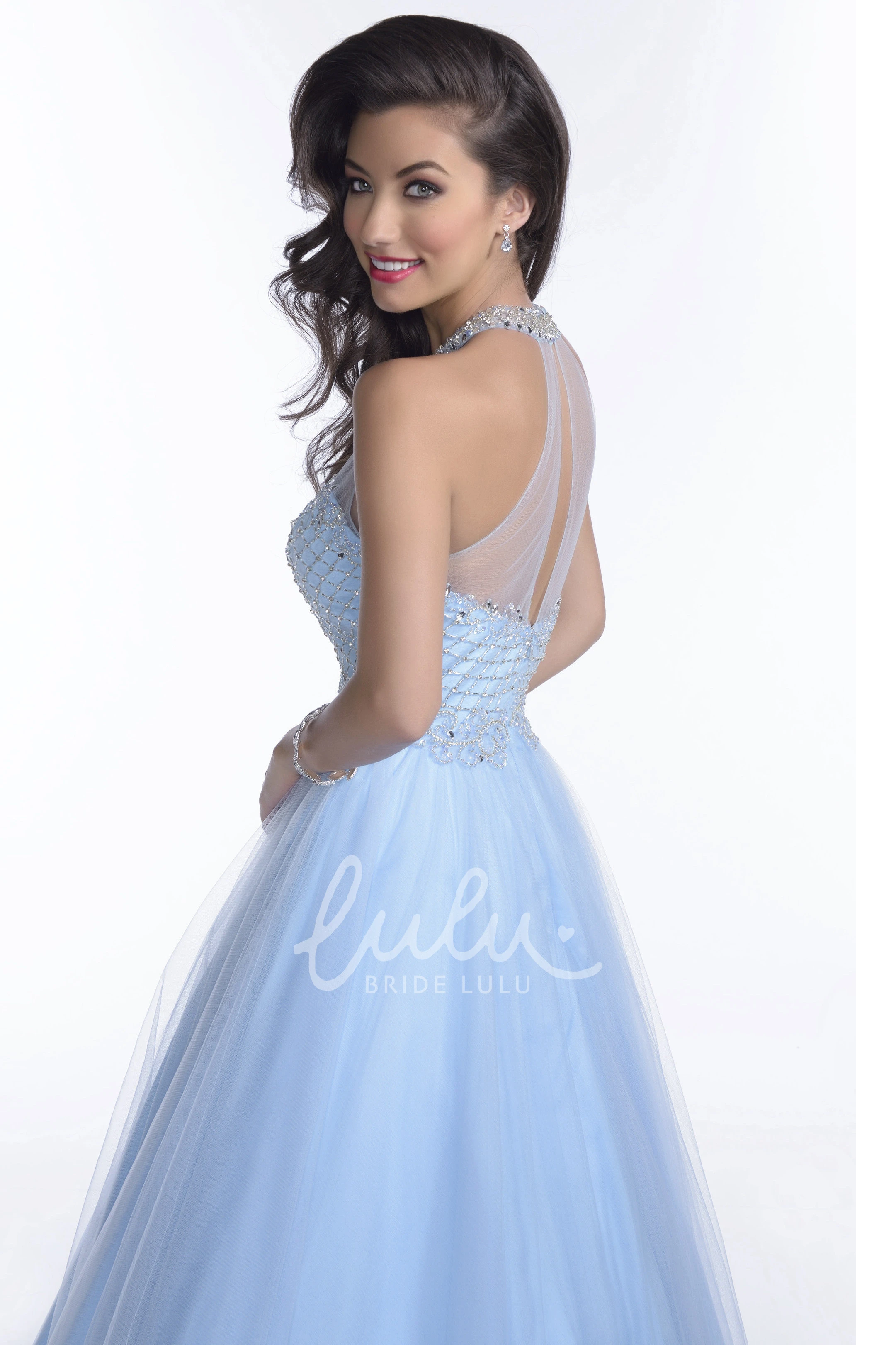 Rhinestone Halter Tulle A-Line Prom Dress with Sweetheart Neckline Women's Prom Dress