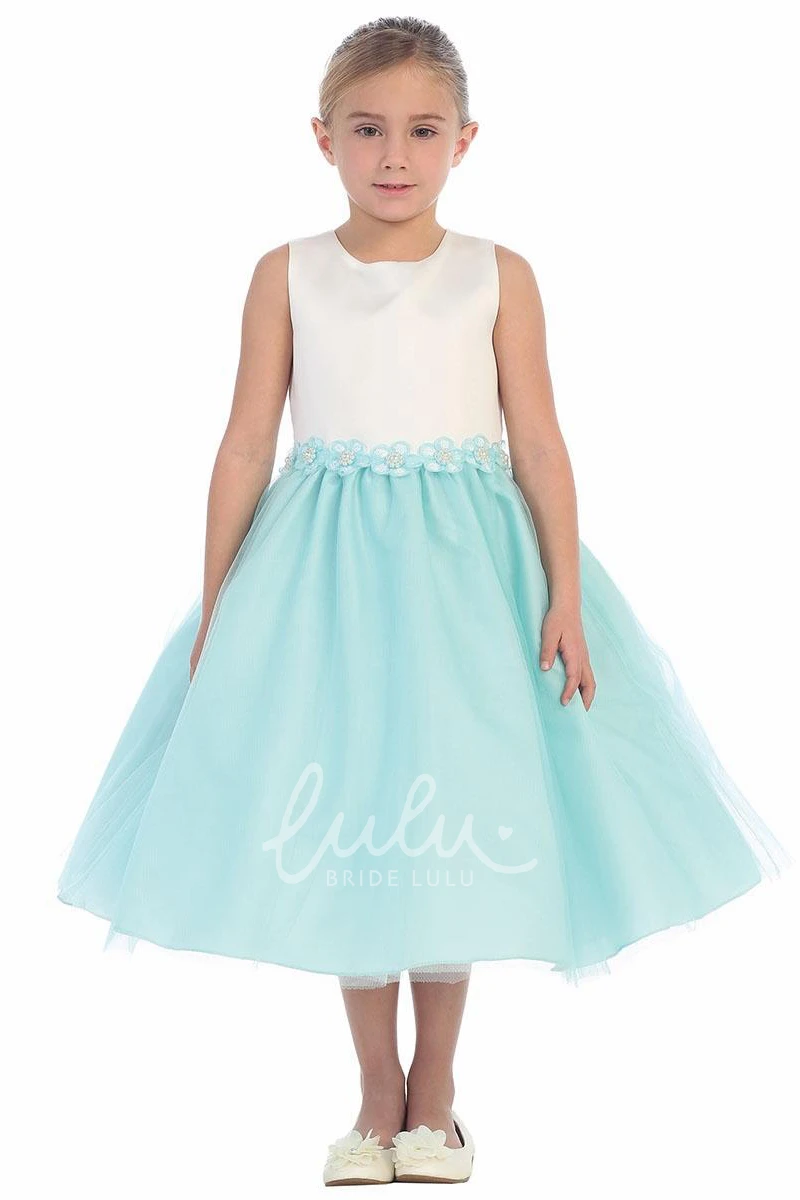 Tea-Length Tulle Floral Sequin Flower Girl Dress with Ribbon Unique Prom Dress