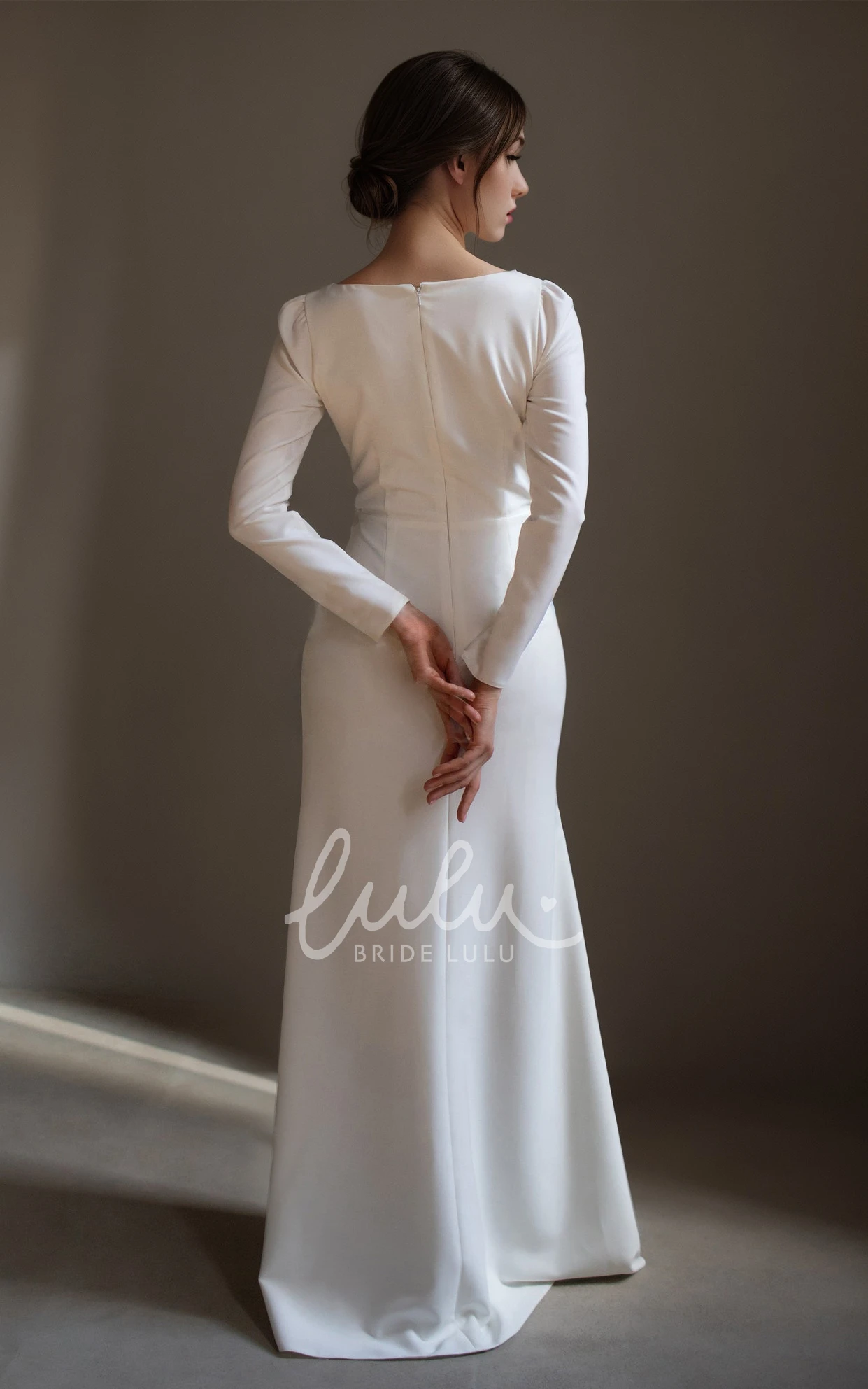 Long Sleeve Sheath Simple Sexy Floor-length V-neck Reception Split Wedding Dress Zipper Back