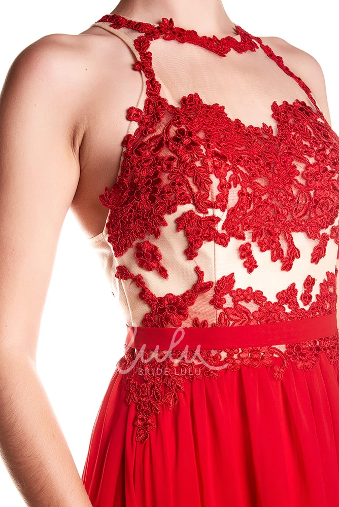Sleeveless High Neck Appliqued Chiffon Prom Dress with Illusion Back Elegant Prom Dress 2025