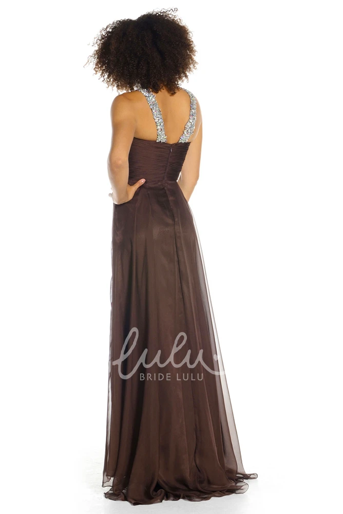 Long A-Line Chiffon Prom Dress with Beaded Sleeveless Bodice and Zipper Back