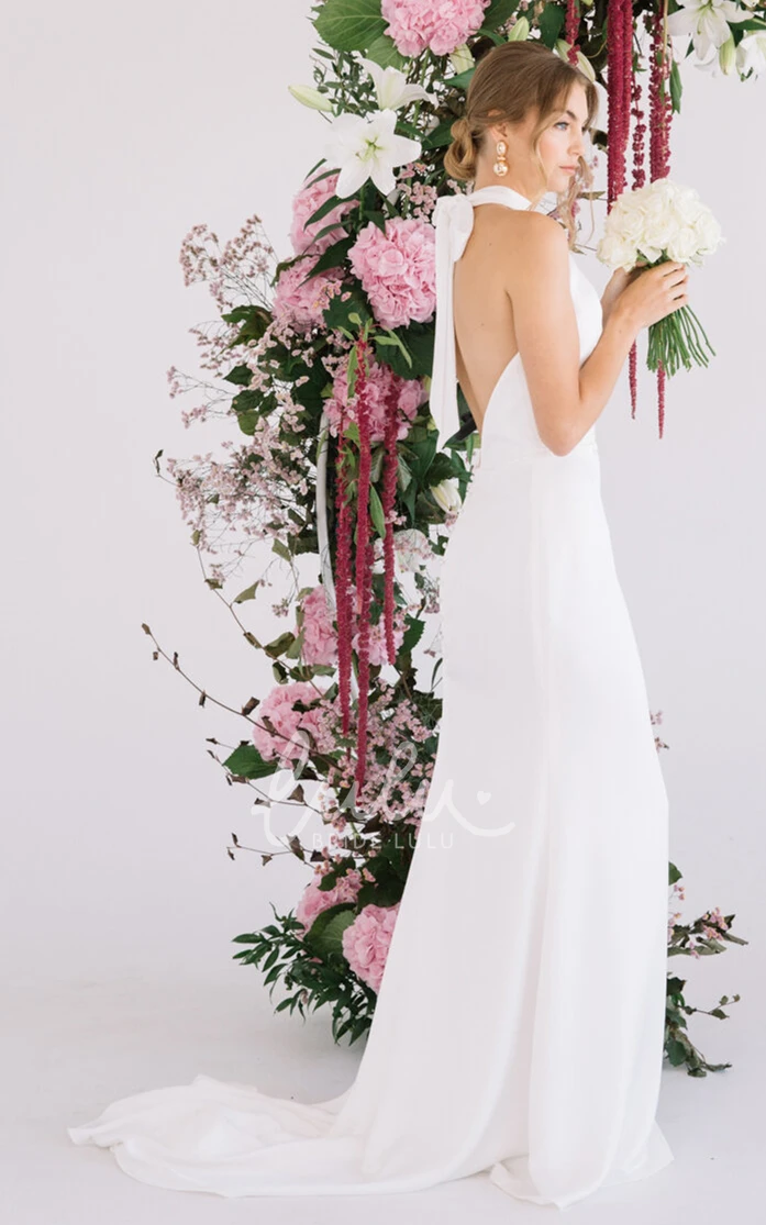 Halter Satin Sheath Wedding Dress Sleeveless Modern with Train