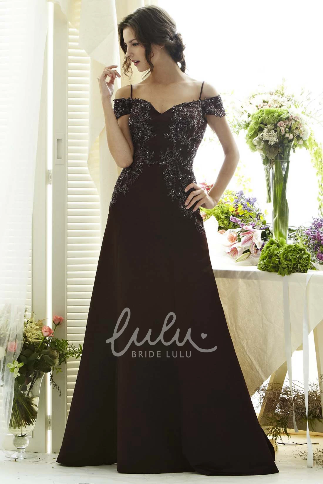 A-Line Floor-Length Chiffon Prom Dress with Appliques and Low-V Back Classy Prom Dress