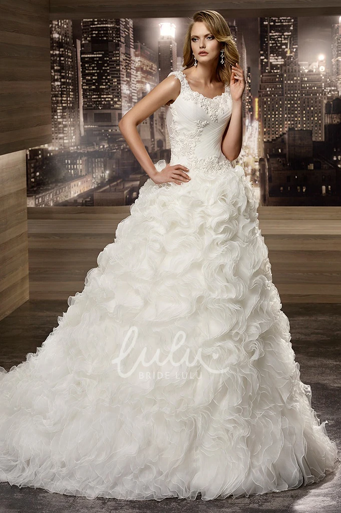 Cap Sleeve Lace Wedding Dress with Cascading Ruffles and Square Neckline