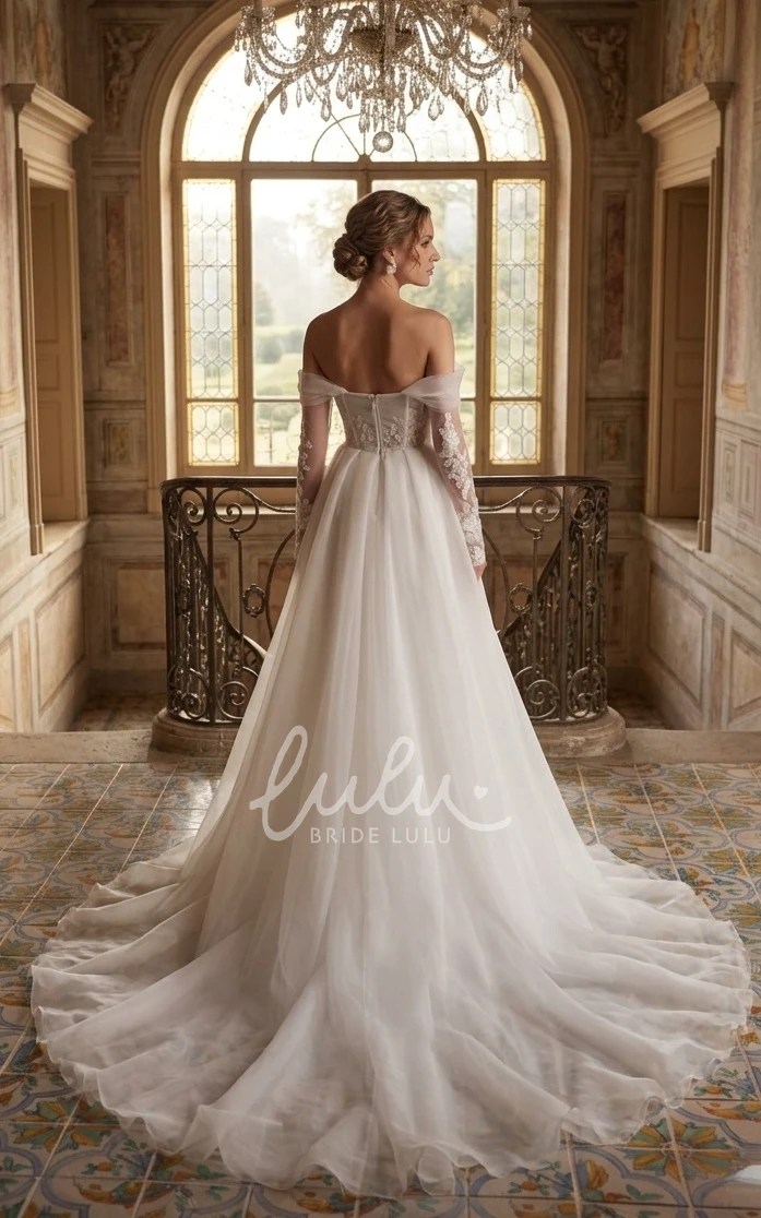 Off-the-shoulder A-Line Lace Chiffon Spring Wedding Dress Long Sleeve Appliques Open Back Bridal Gown with Train