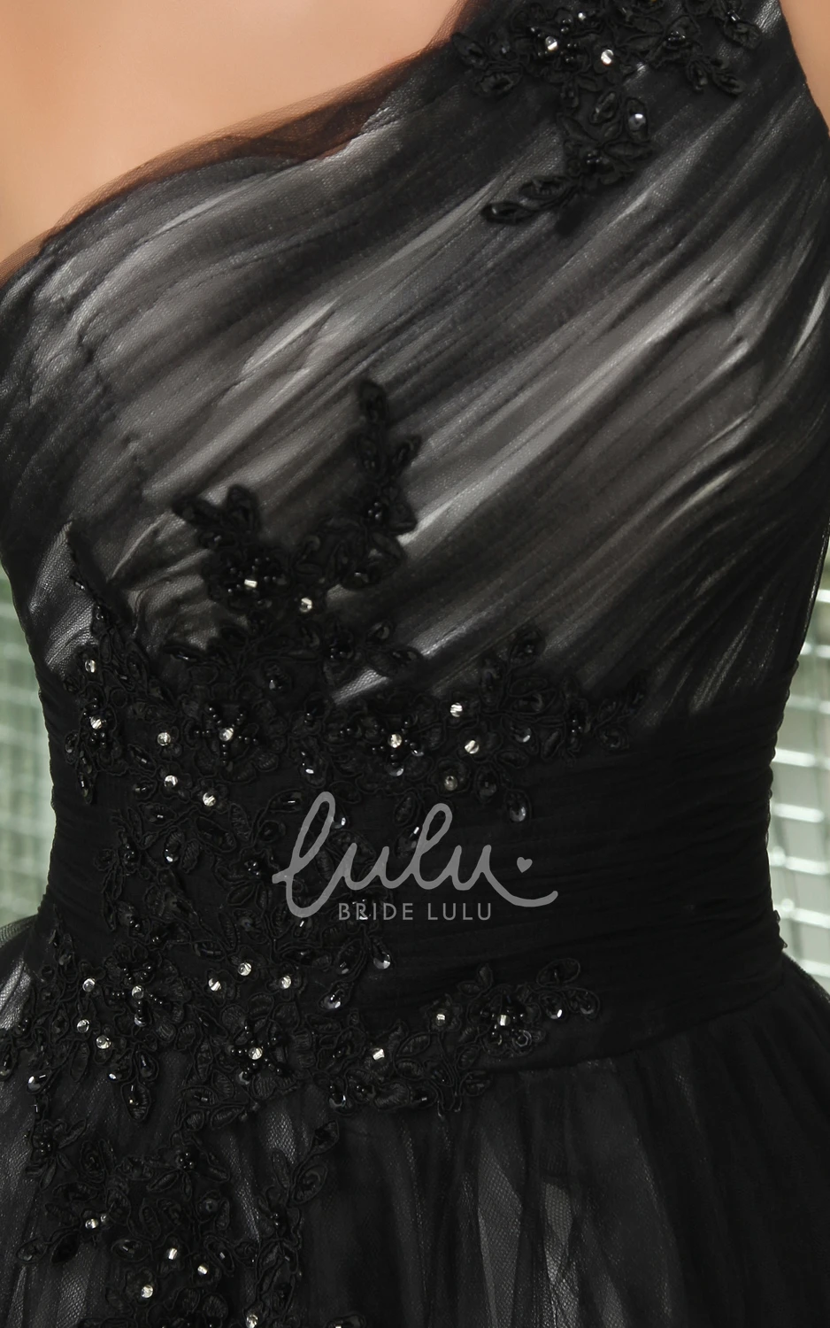 Tulle One-Shoulder Evening Dress with Appliques and Side Zipper