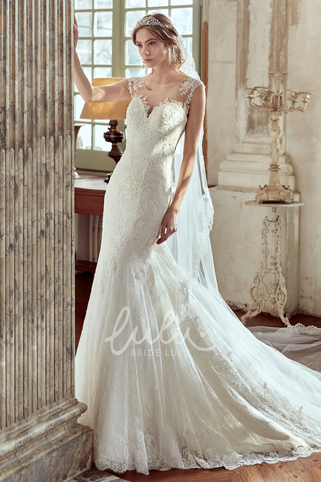 Lace Wedding Dress with Open Back and Brush Train Romantic Bridal Gown