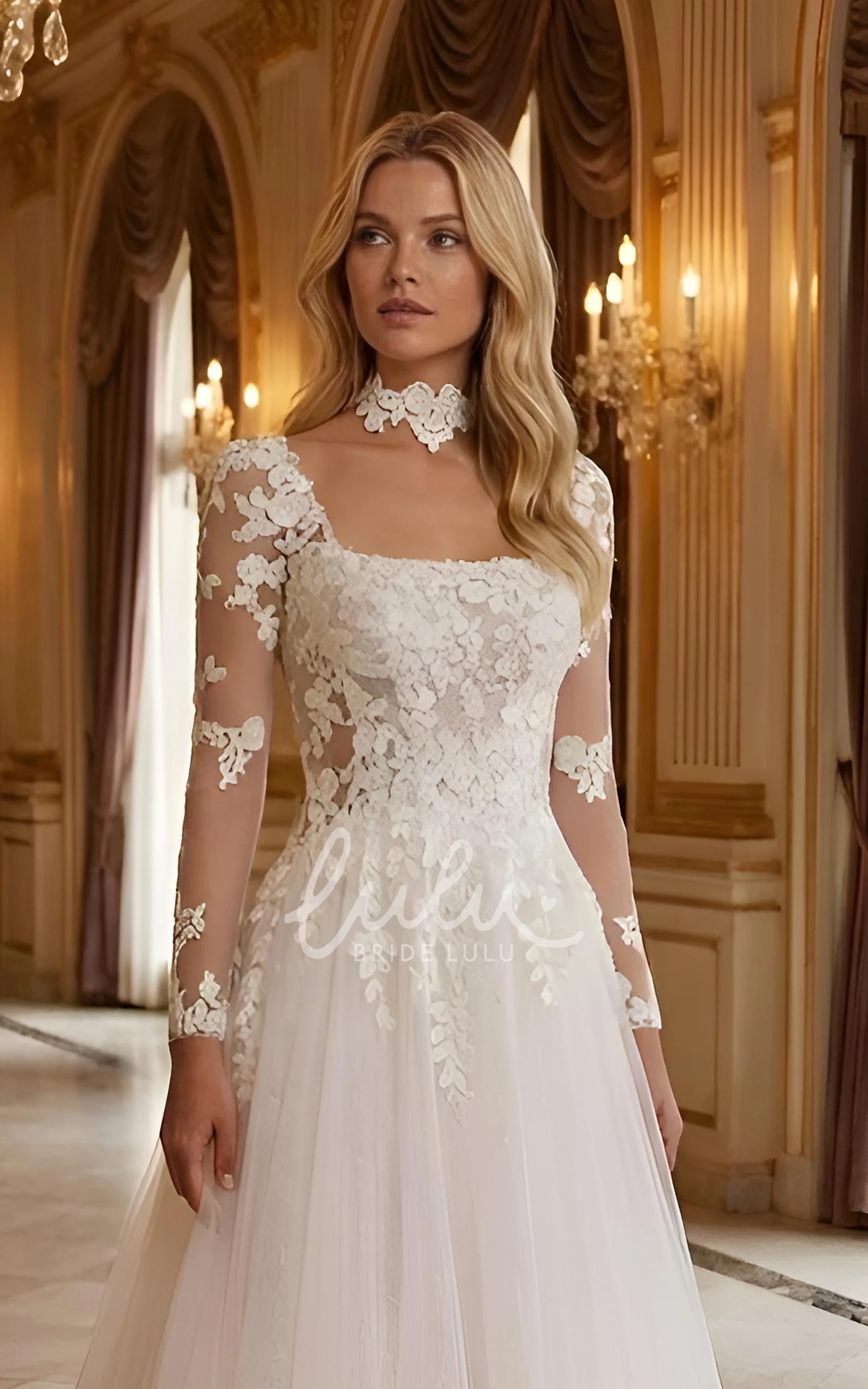 Modern Square Neck Lace Long Sleeves Wedding Dress Flowy A-Line Bridal Gown with Open Back