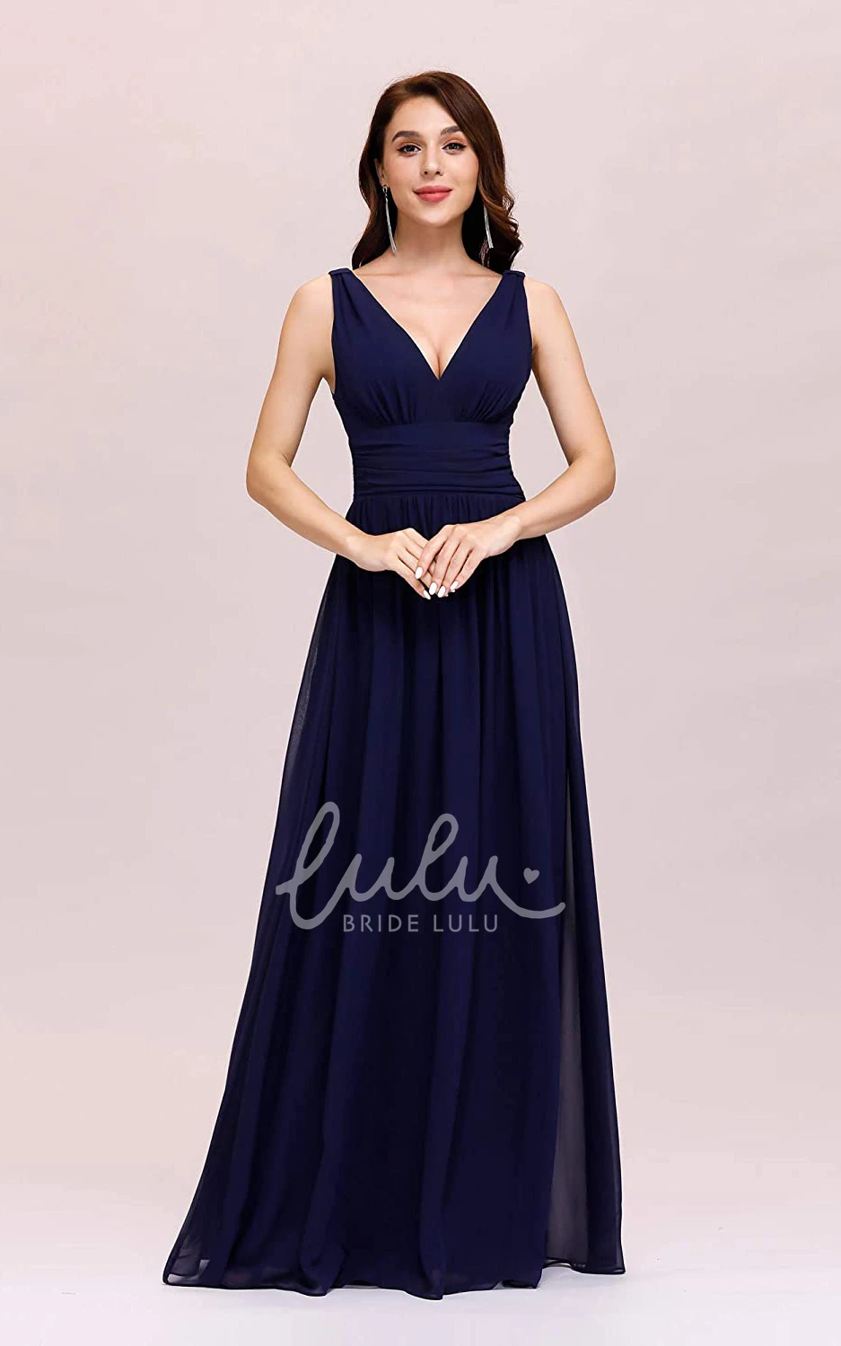 Romantic Chiffon V-neck A-line Prom Dress with Ruffles and Sleeveless Bridesmaid Dress
