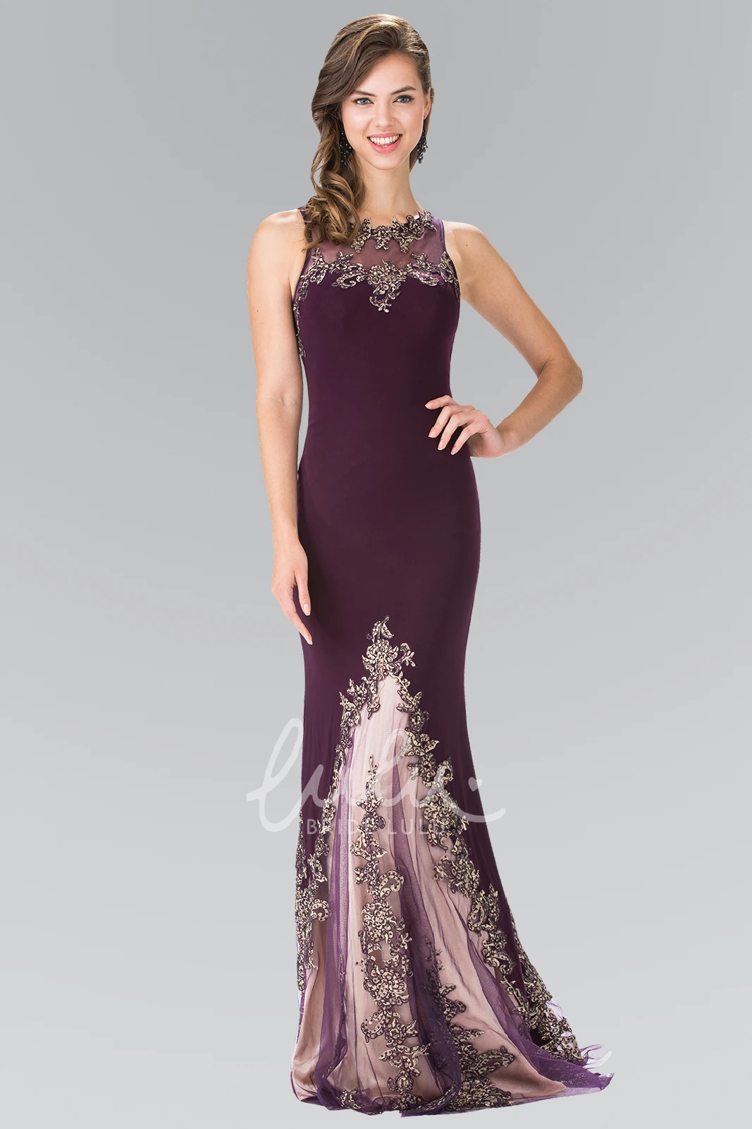 Sleeveless Scoop-Neck Jersey Prom Dress with Illusion and Appliques