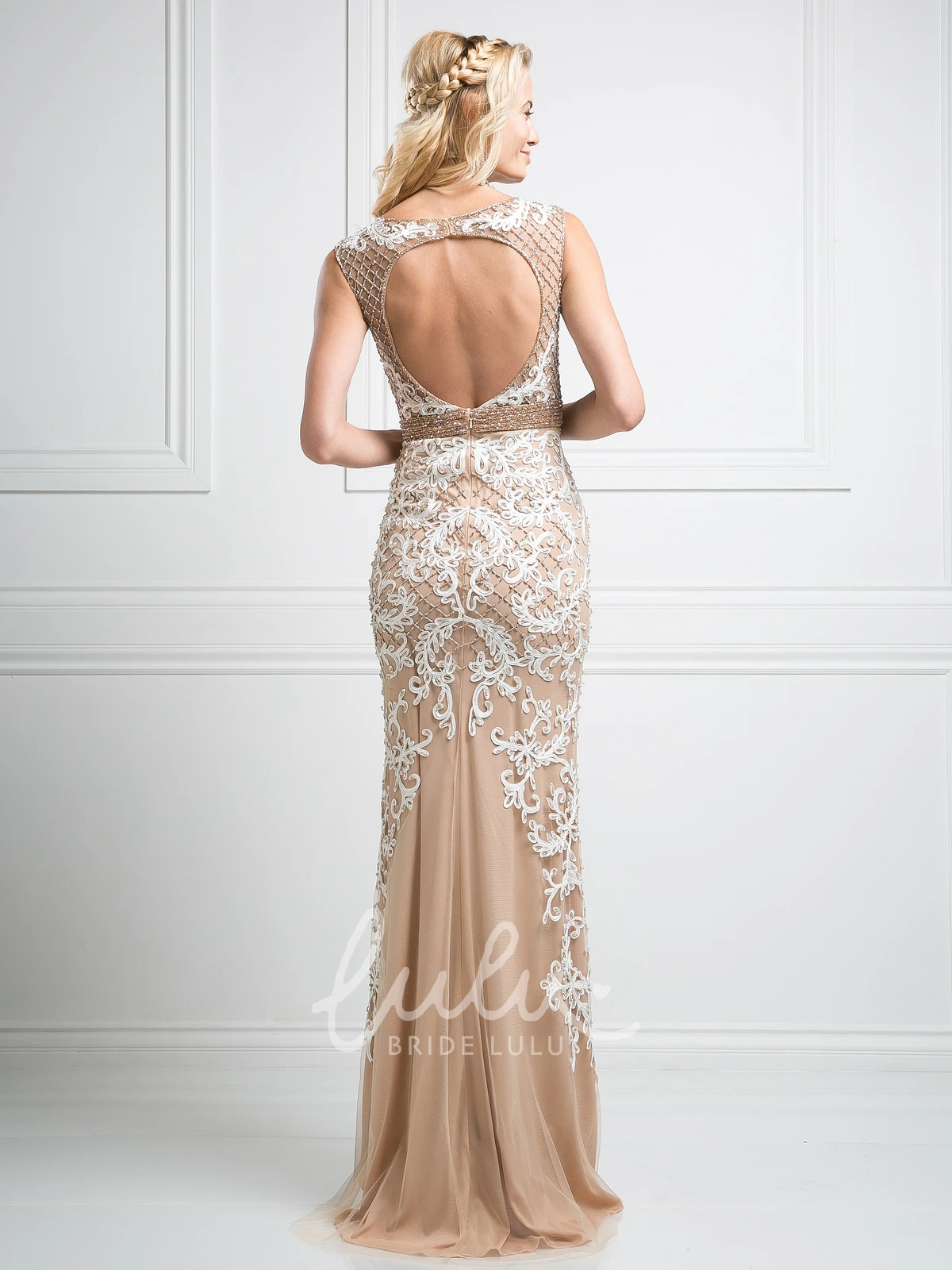 Bateau Keyhole Sheath Dress with Appliques and Beading for Women