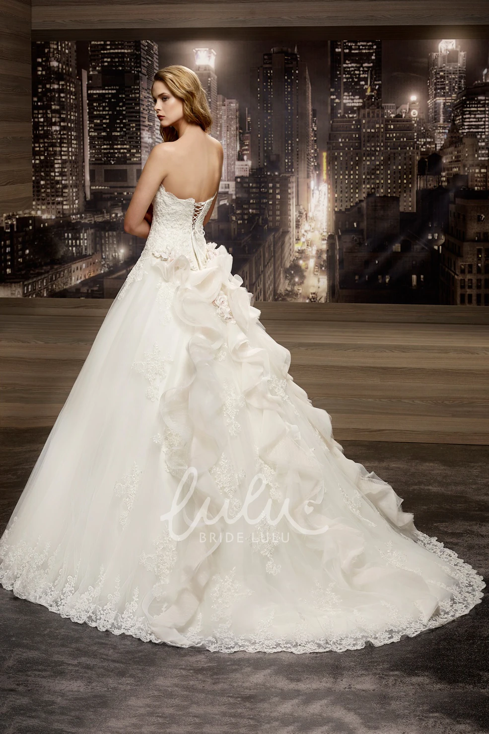 Lace-up Back A-line Wedding Dress with Strapless Appliques and Ruching Train Classy Bridal Gown