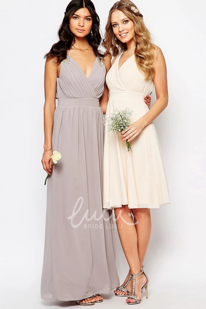 Beaded V-Neck Chiffon Bridesmaid Dress Knee-Length Sleeveless