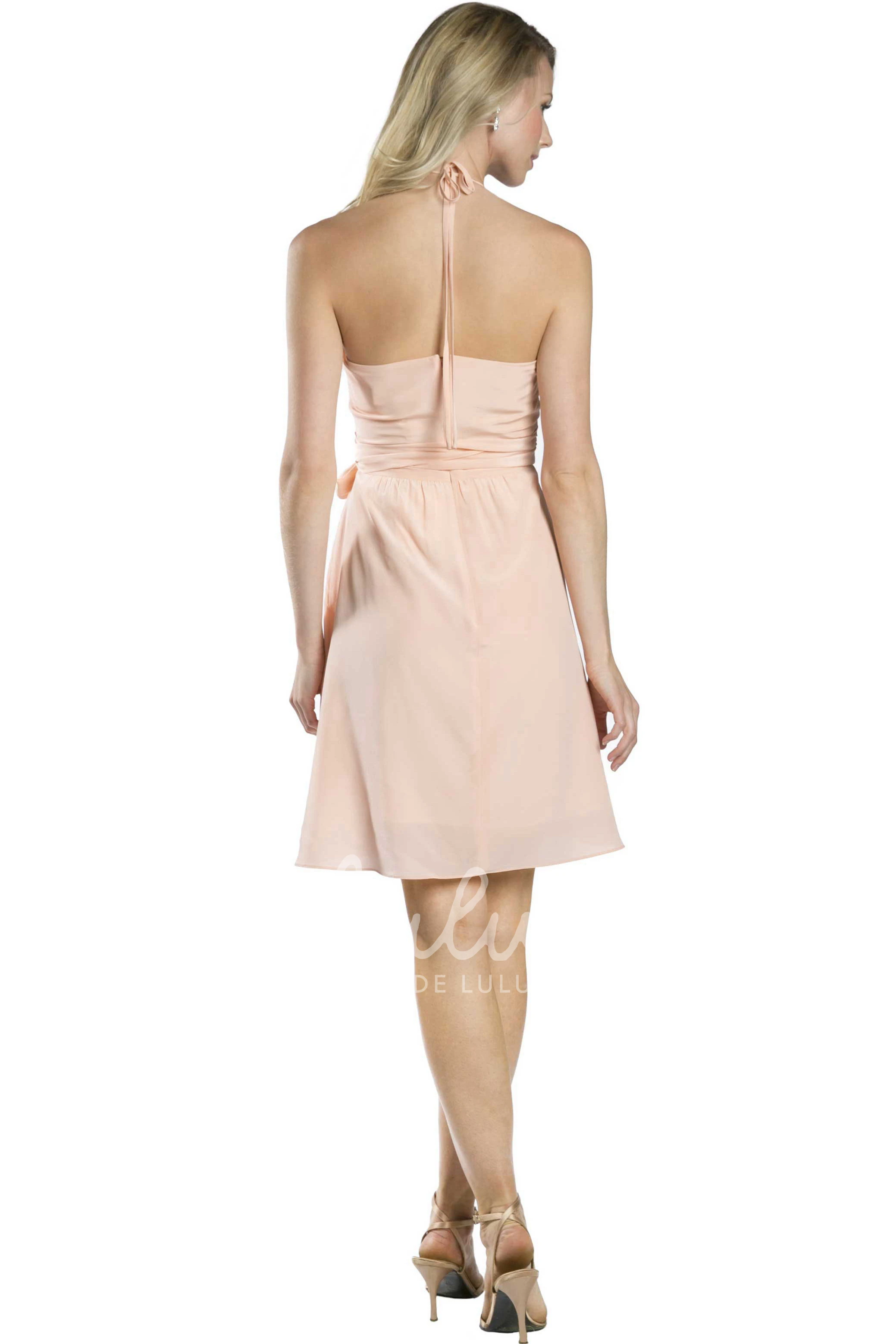 Spaghetti Chiffon Multi-Color Bridesmaid Dress Short Length with Bow Detail