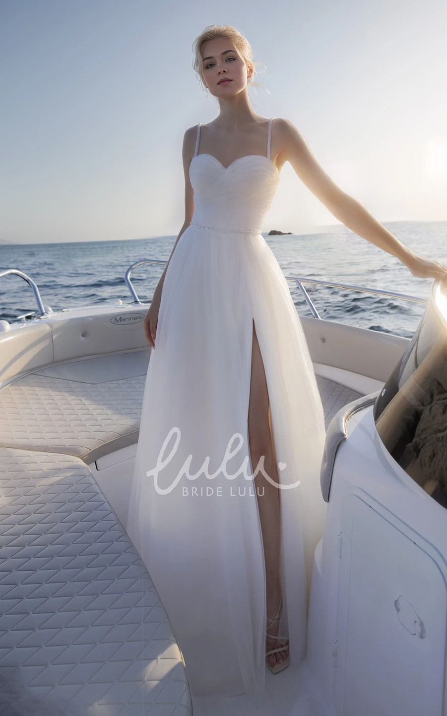 Modern Spaghetti Elopement Sweetheart Wedding Dress with Ruching Front Slit