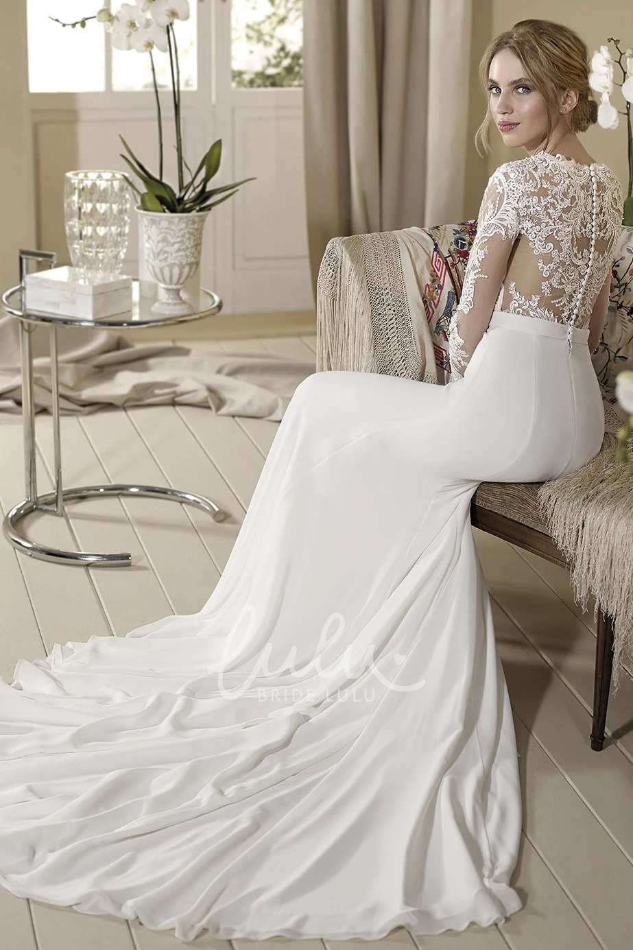 Floor-Length Sheath Jersey&Lace Long-Sleeve Wedding Dress Unique Bridal Gown