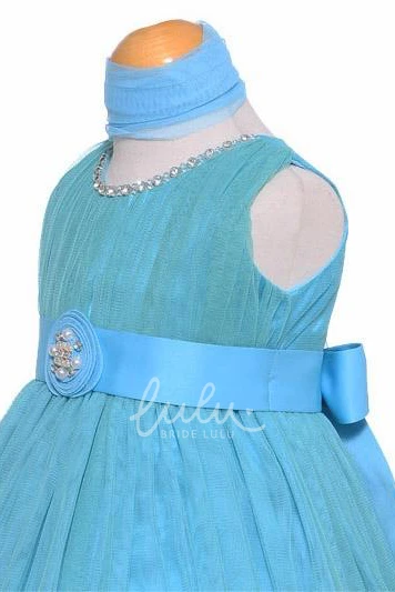 Jewel Tea-Length Tiered Tulle Flower Girl Dress with Pleats