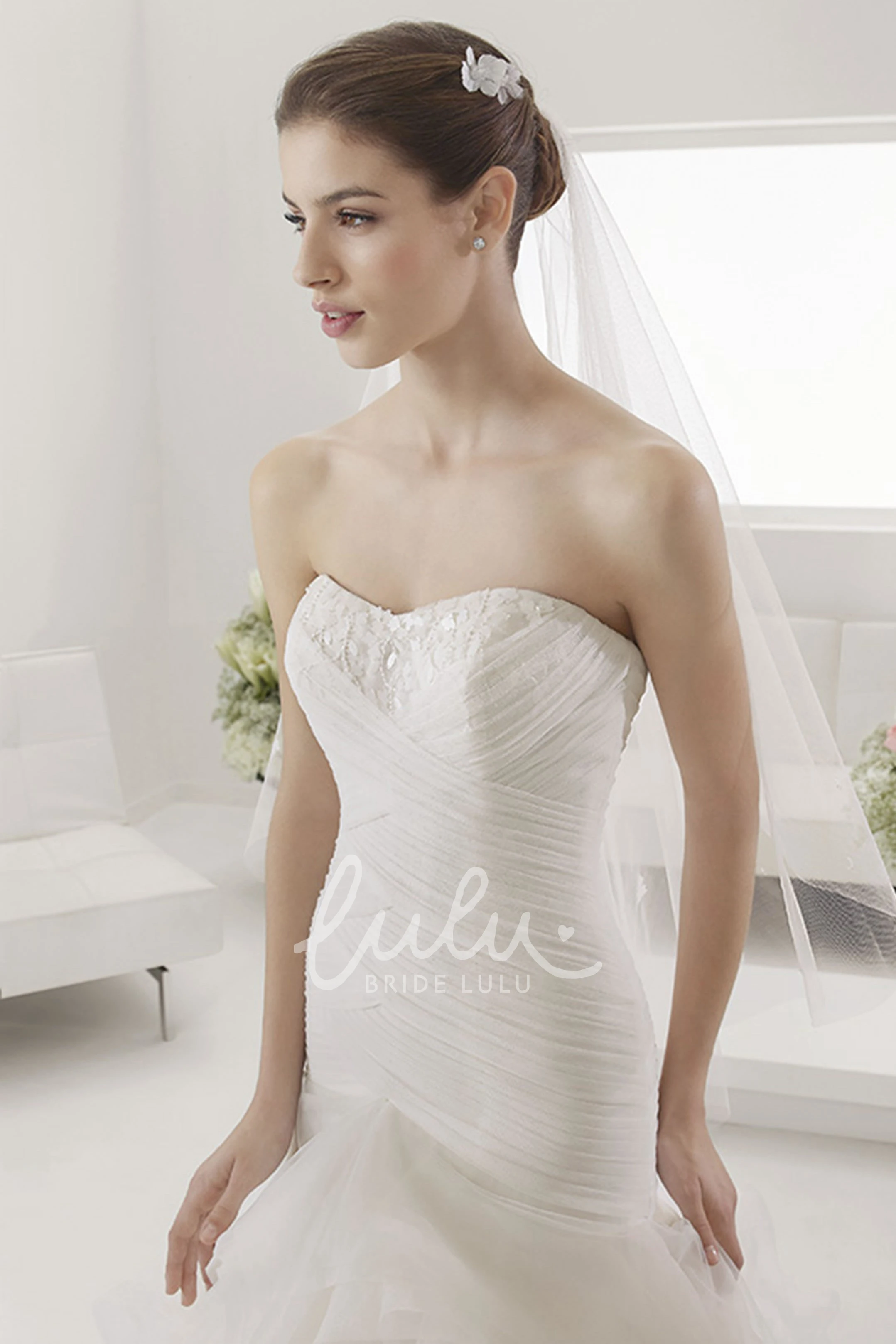 Ruched Bodice Mermaid Bridal Dress with Lace Neck and Floral Organza Skirt