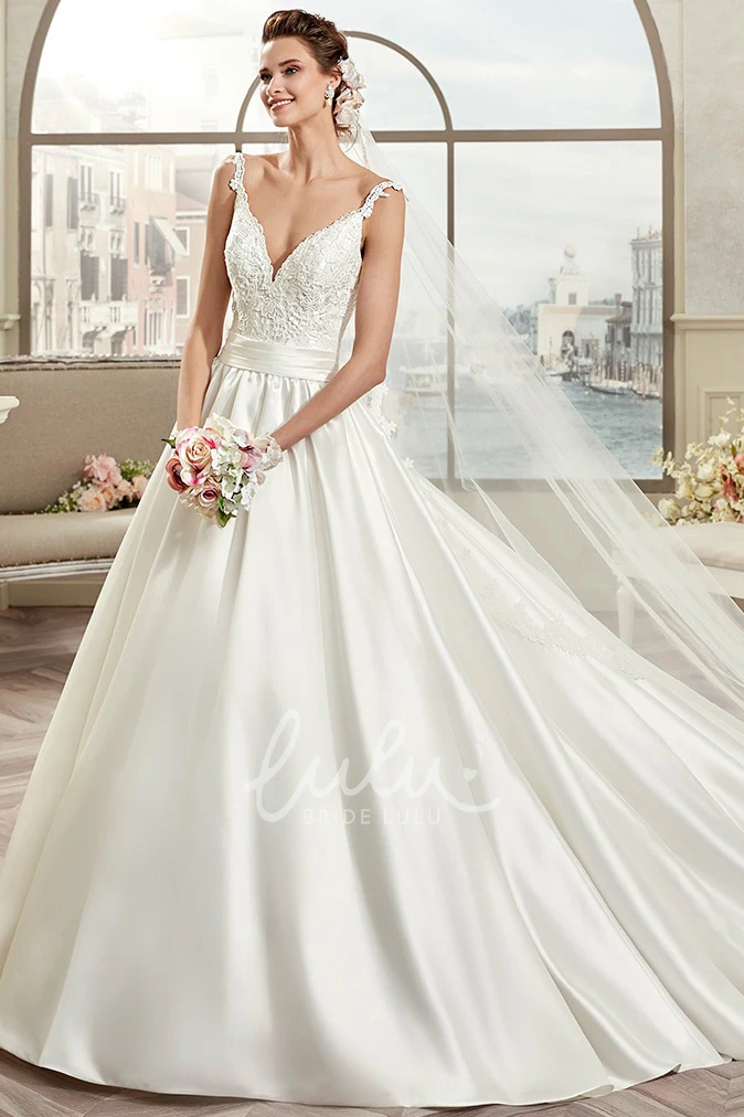 V-Neck A-Line Bridal Gown with Applique Straps and Cinched Waistband Open-Back