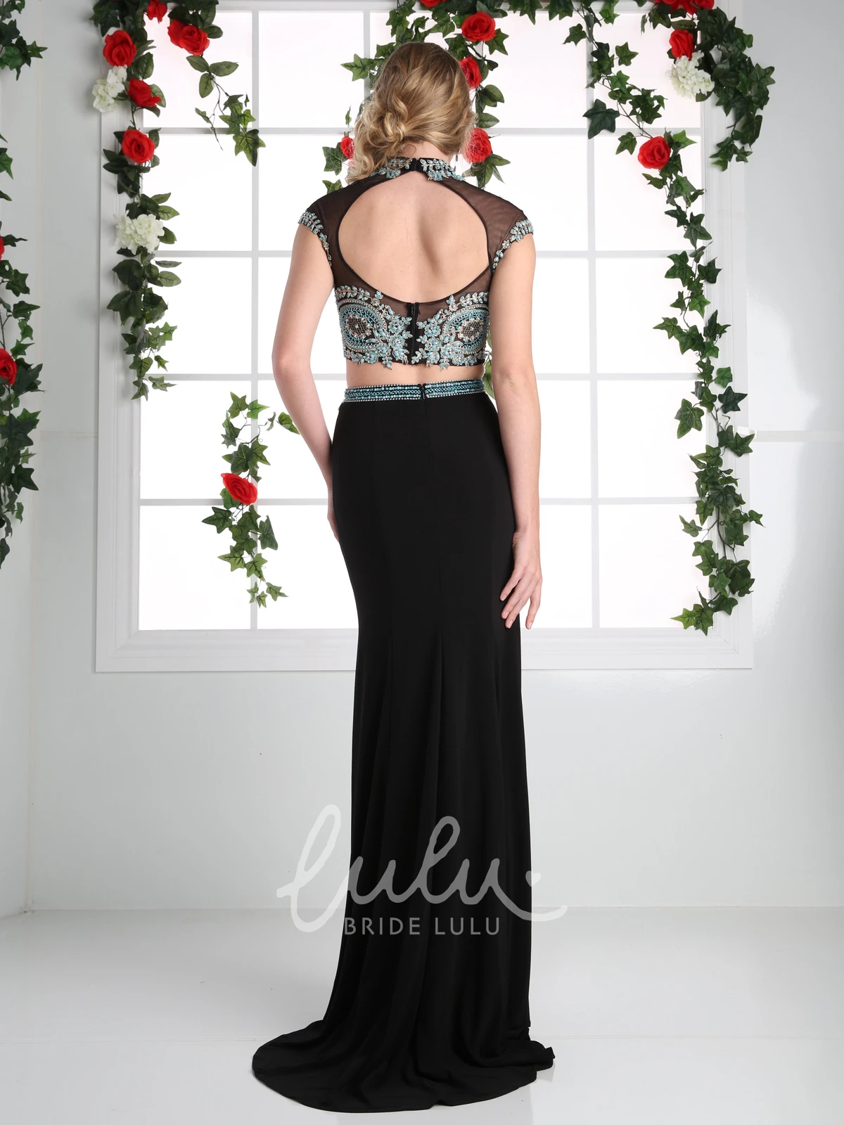 High Neck Cap-Sleeve Jersey Formal Dress With Beading