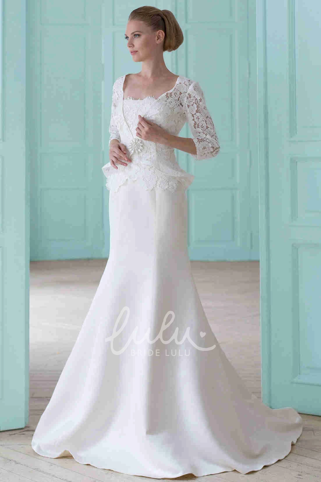 Satin&Lace Square-Neck Sheath Wedding Dress with Broach and Illusion Modern Bridal Gown