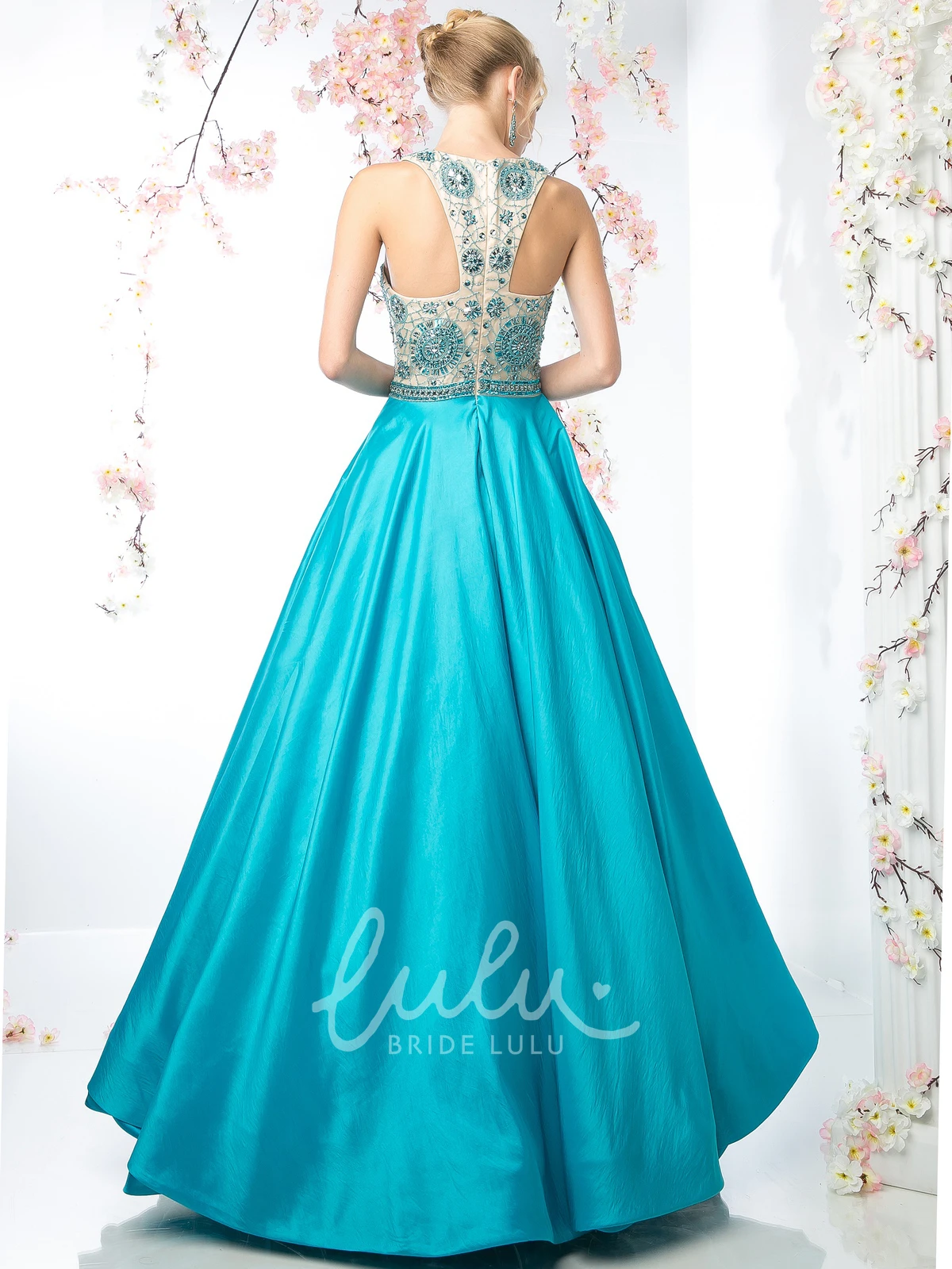 Long Sleeveless A-Line Satin Jewel-Neck Bridesmaid Dress with Beading