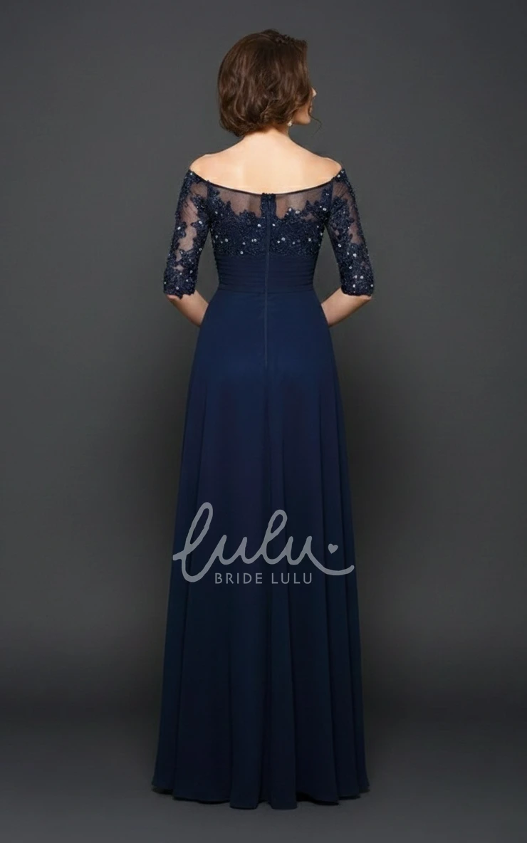 Lace Appliques Elegant A-Line Chiffon Floor-length Off-the-shoulder Half Sleeve Zipper Illusion Back Mother of the Bride Dress