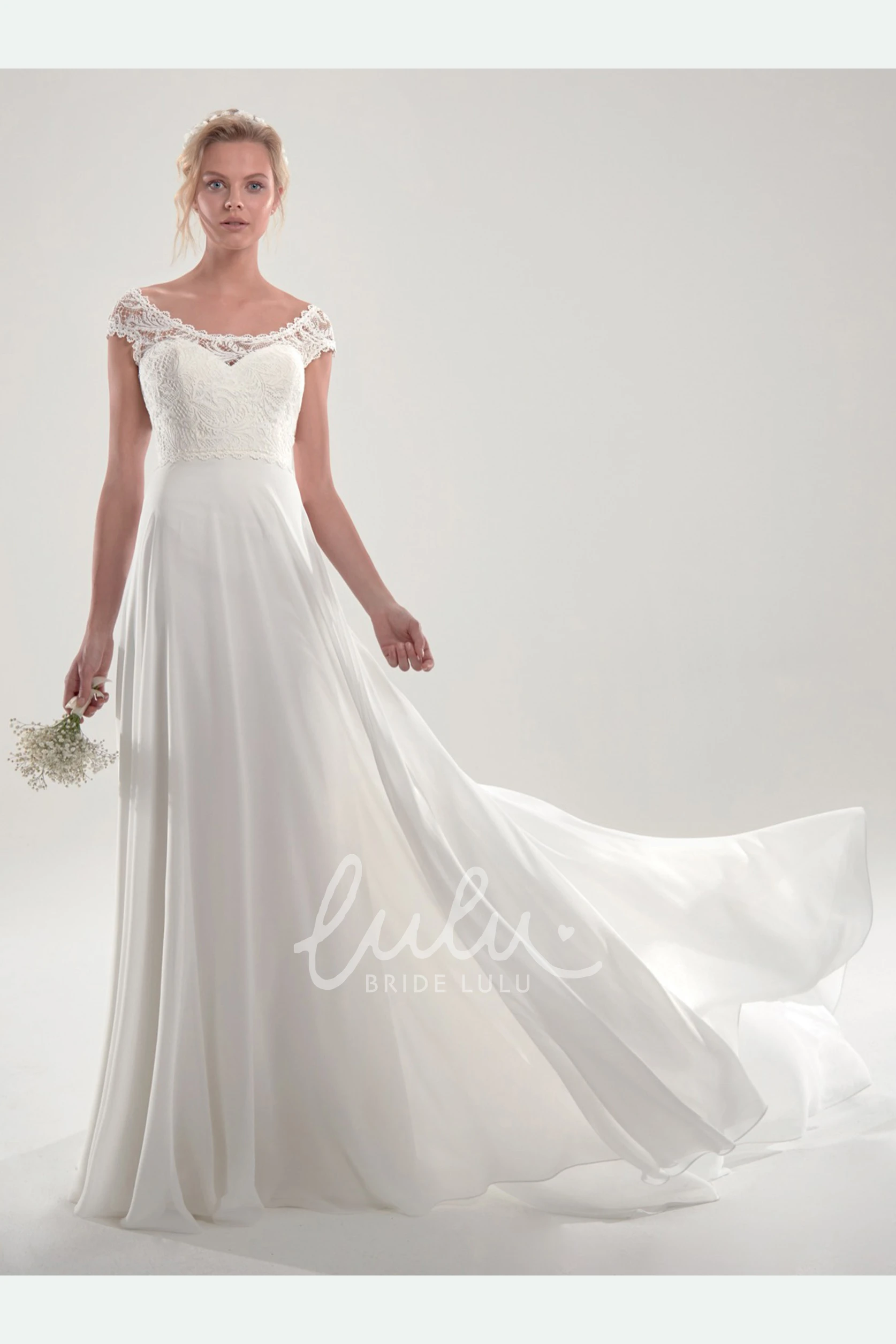 Short Sleeve Chiffon Wedding Dress with Chapel Train Gorgeous