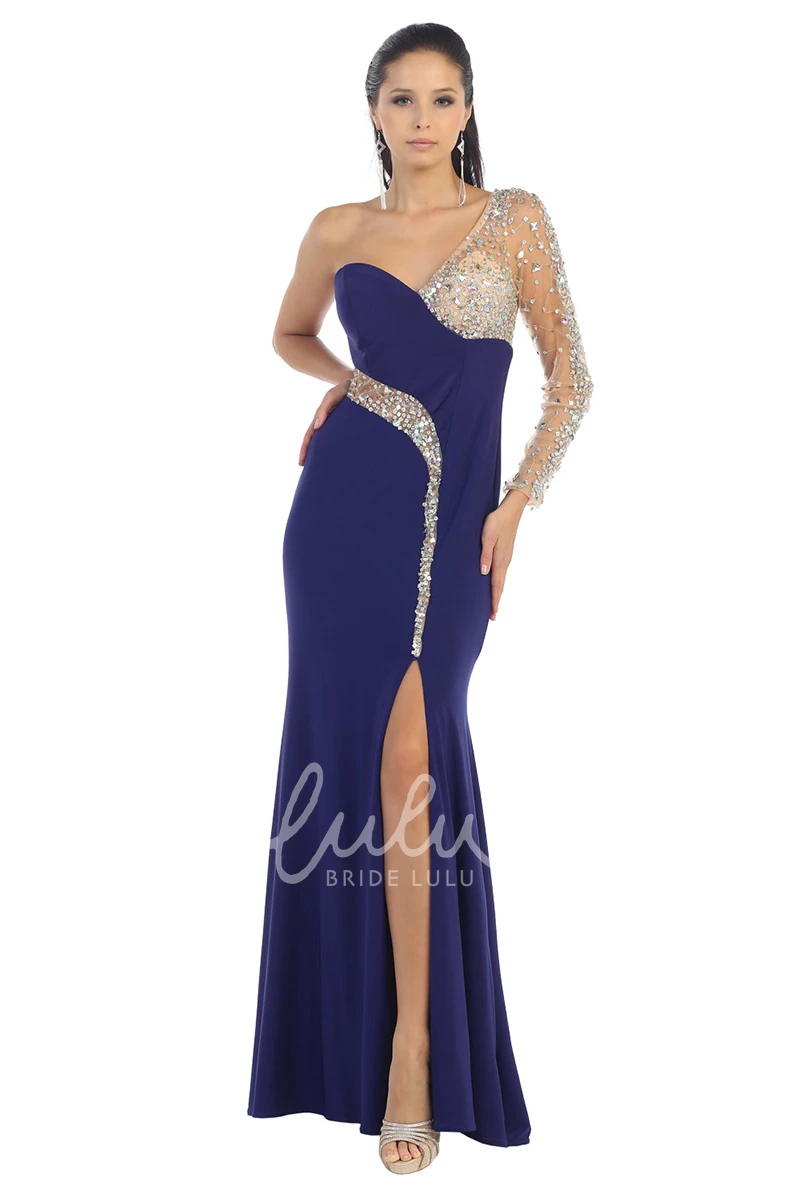 Sheath Illusion Jersey Dress with Beading and Split Front Prom Dress