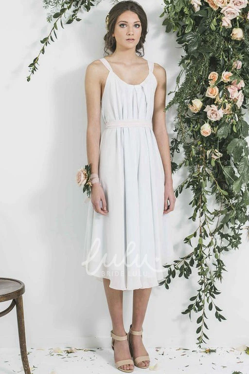V-Neck Pleated Chiffon Bridesmaid Dress Tea-Length Sleeveless