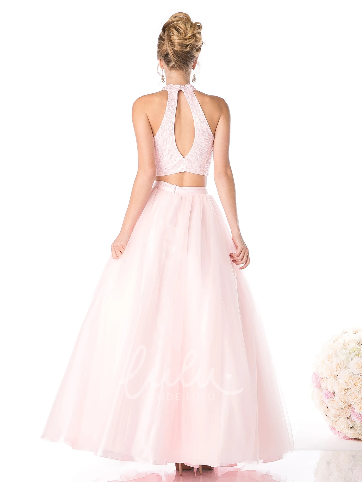 Satin Keyhole A-Line Formal Dress with Beading High-Neck Sleeveless Ankle-Length