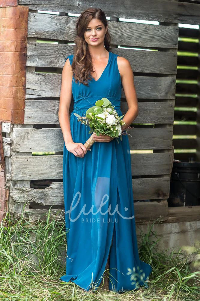 Sleeveless Chiffon V-Neck Bridesmaid Dress with Front Split Flowy Bridesmaid Dress