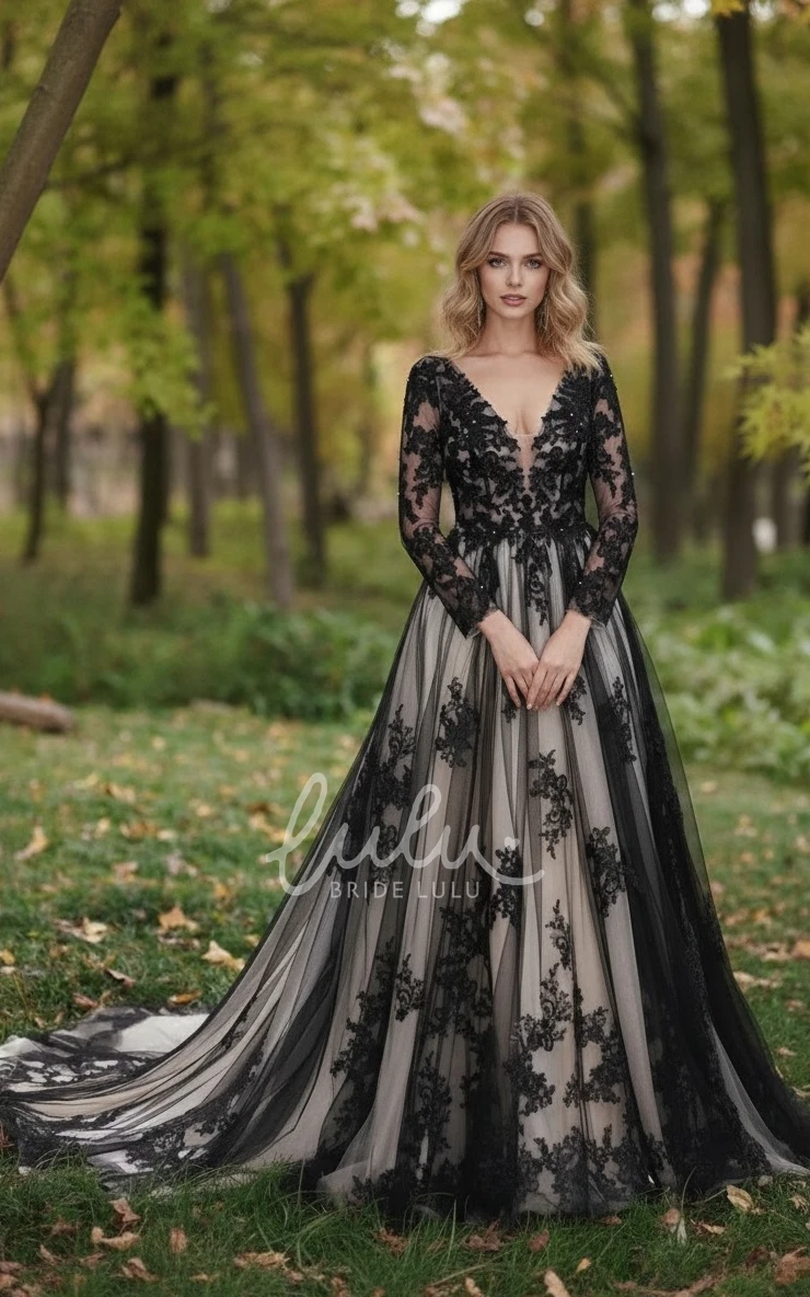 A-line Sexy Deep-V Open Back Elegant Long Sleeve Black Tulle Lace Applique Garden Court Train Wedding Gown