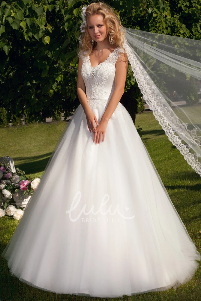 V-Neck Appliqued Tulle Maxi Wedding Dress with Beading Unique Bridal Gown
