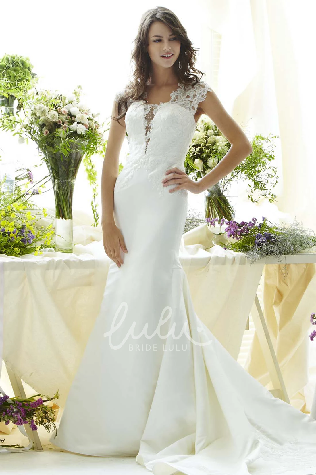 Cap-Sleeve V-Neck Taffeta Wedding Dress with Illusion Elegant Sheath Style