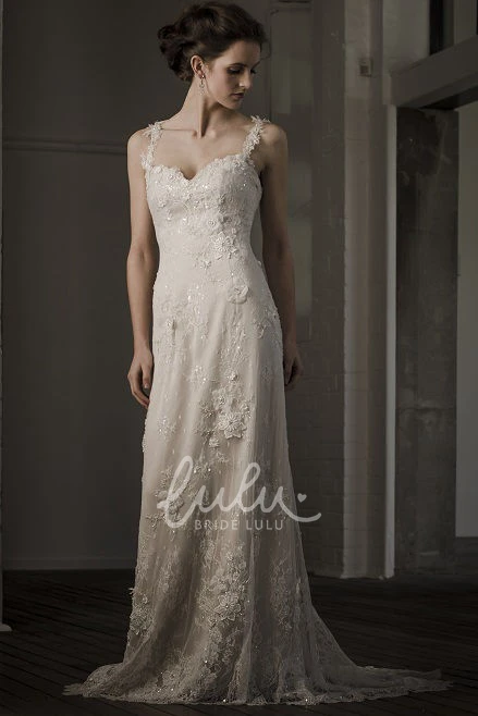 Sheath Spaghetti Lace Wedding Dress with Deep-V Back and Flowers