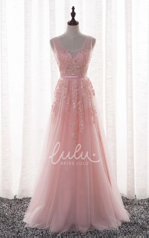 Long Beaded Tulle Prom Dress V-neck & Sleeveless