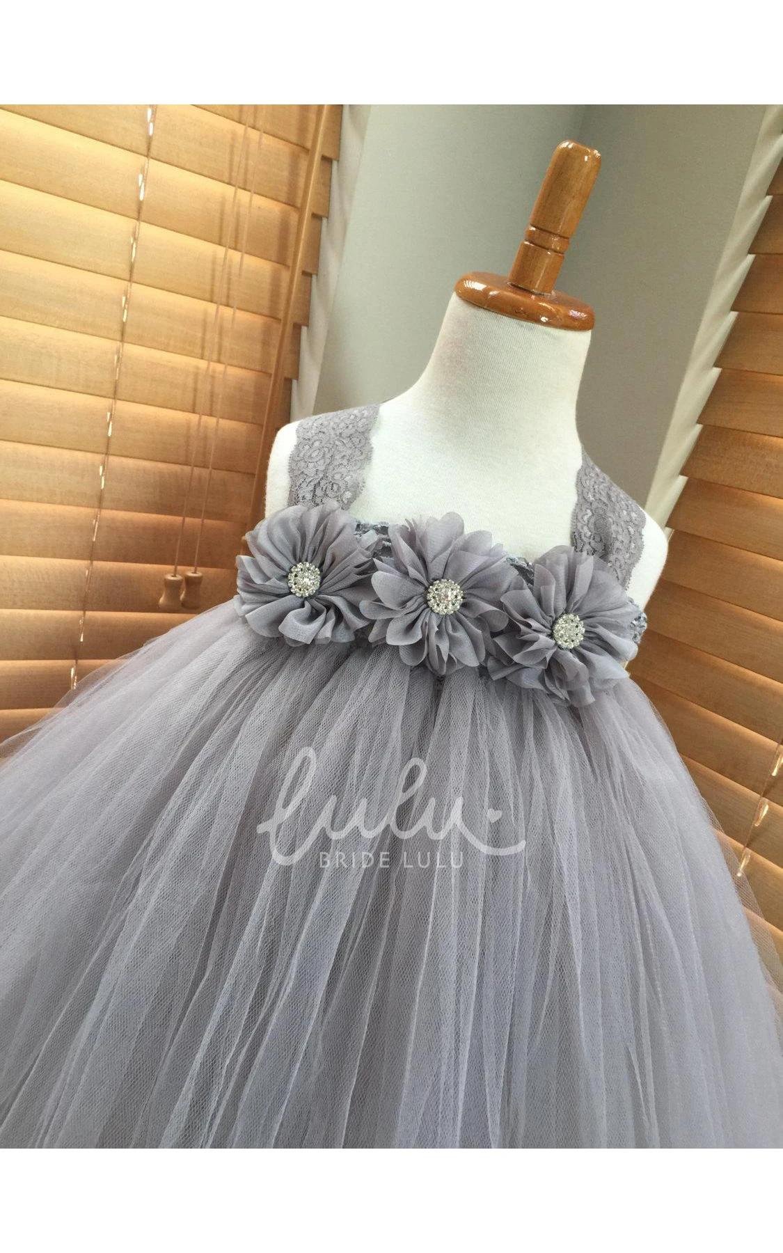Gray Chiffon Ballerina Rhinestone Flower Lace Strap Tulle Tutu Dress