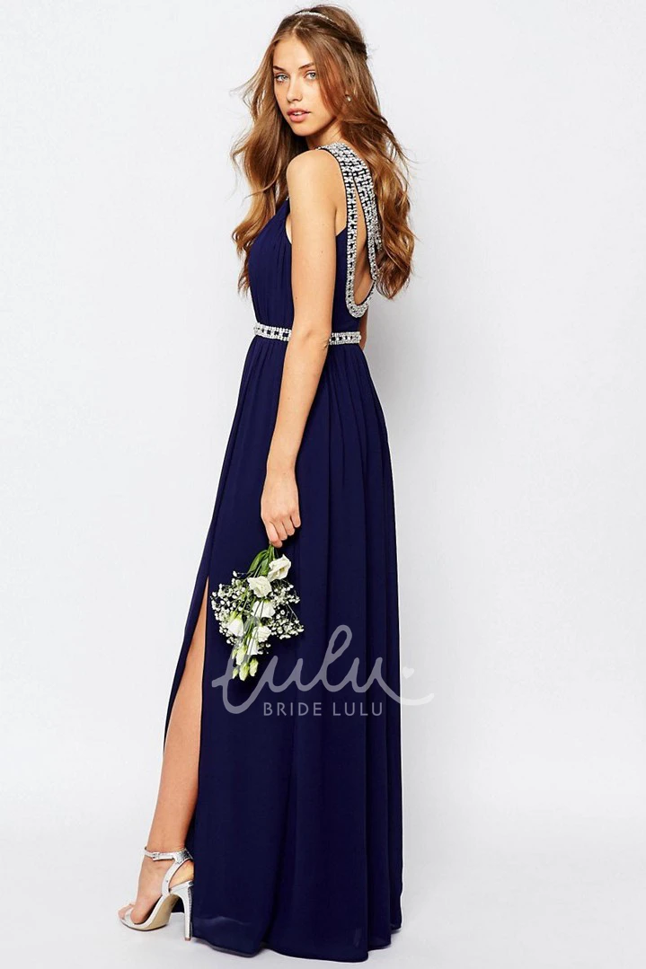 Long Sleeveless Chiffon Bridesmaid Dress A-Line Split Front Ruching