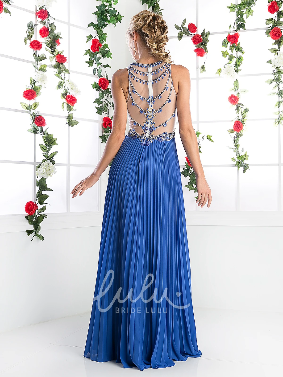 Pleated Chiffon Illusion Dress A-Line Scoop-Neck Sleeveless