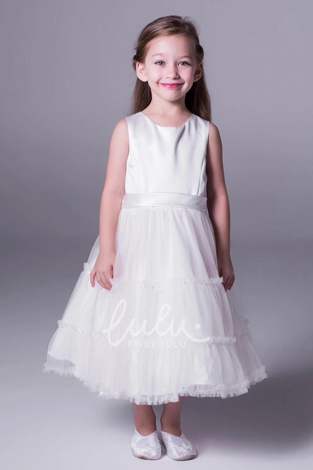 Satin Tea-Length Dress with Ruffles A-Line Flower Girl Dress