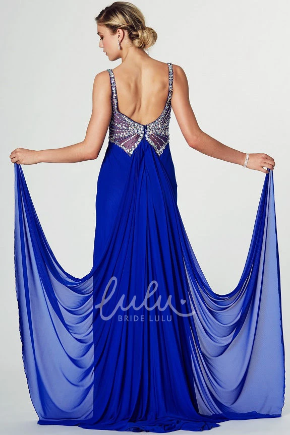 A-Line Floor-Length Chiffon Prom Dress with Jeweled Spaghetti Straps Flowy Prom Dress with Low-V Back