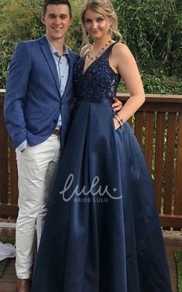 V-neck Satin A Line Sleeveless Formal Dress with Pockets Elegant Prom Dress