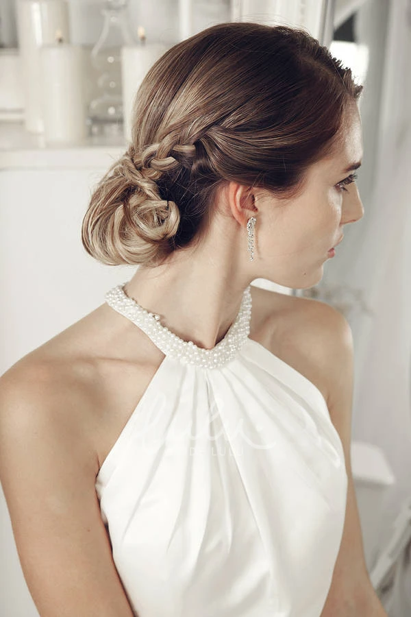 Beaded Satin High Neck Sheath Wedding Dress with Floor-Length Design