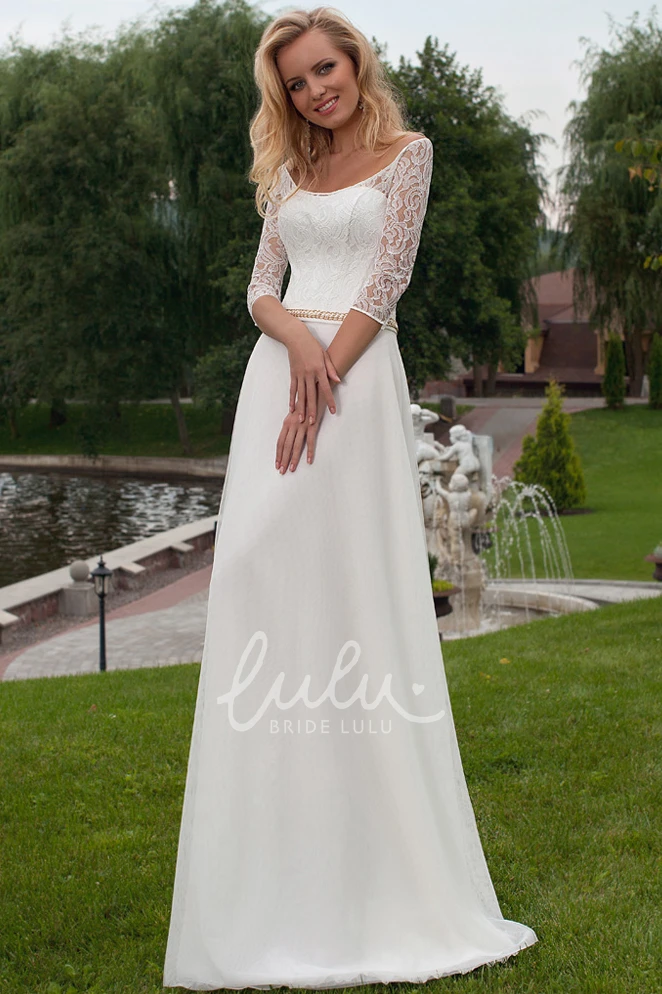Chiffon Wedding Dress with Scoop Neck and 3-4 Sleeves Unique Bridal Gown