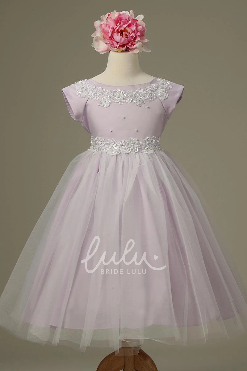 Appliqued Tulle&Lace Cap-Sleeve Flower Girl Dress Tea-Length Classy